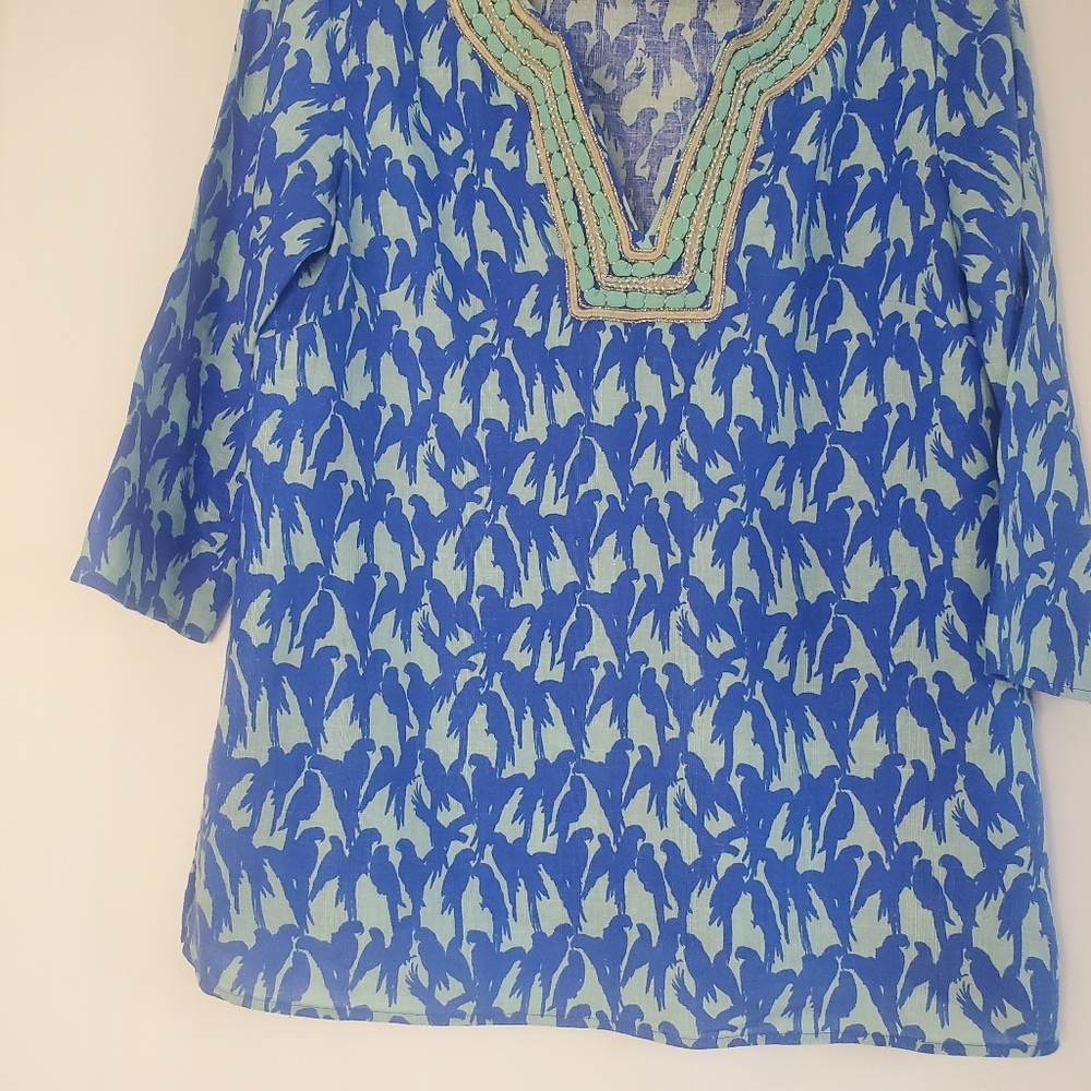 Vineyard Vines Sz S linen/viscose embroidered neck "PARROT"🦜 print c-up blouse - Picture 5 of 10